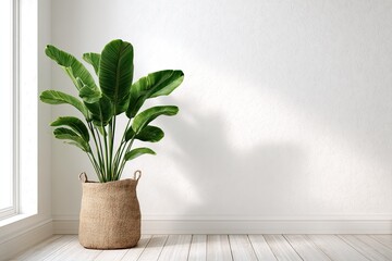 Fototapeta premium Lush green plant in a woven basket against a bright, textured wall