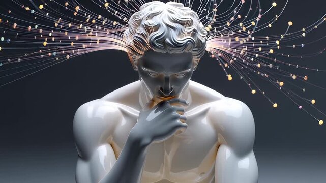 Glossy white Thinker statue with glowing fiber optic neural networks emanating from the brain in a cinematic 3D animation, visualizing artificial intelligence concepts.