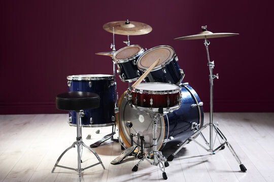 Modern drum kit in studio. Musical instrument