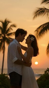 A couple enjoys close moments at sunset in a tropical location. They smile and embrace in front of the ocean and palm trees as the sun goes down