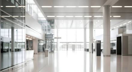 Fototapeta premium Modern office interior with sleek glass walls and columns bright natural light