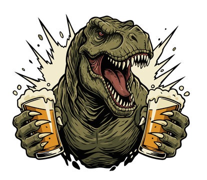 Cartoon dinosaur enjoying beer, detailed retro illustration ideal for festivals, alcohol branding, and fun graphic projects.