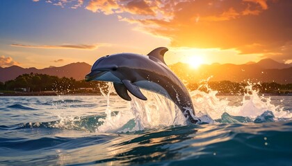Dolphin leaping out of the water at sunset, a captivating moment.
