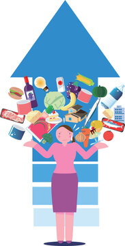 Illustration of a woman confused by the pressure of rising prices and an upward arrow of consumer goods