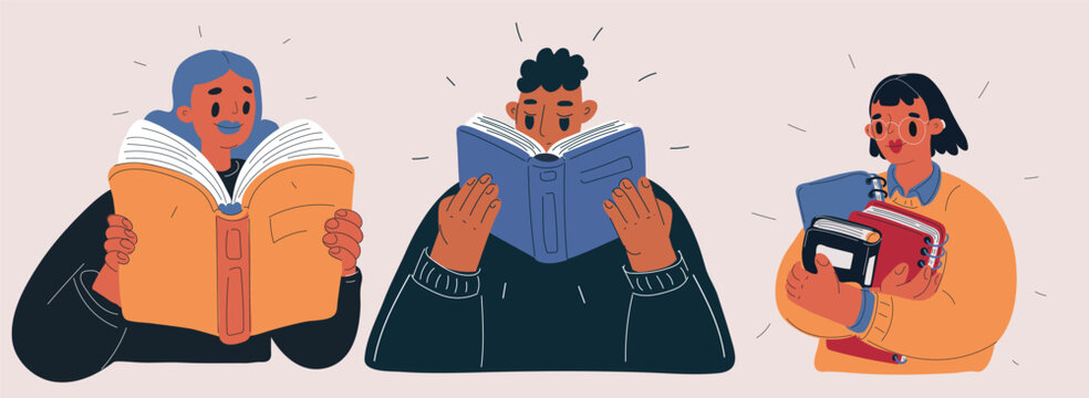 Cartoon vector illustration of people reading and holding books, learning, education and knowledge concept
