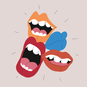Vector illustration of open mouths with lips and teeth, shouting, smiling, expressive and poster composition concept