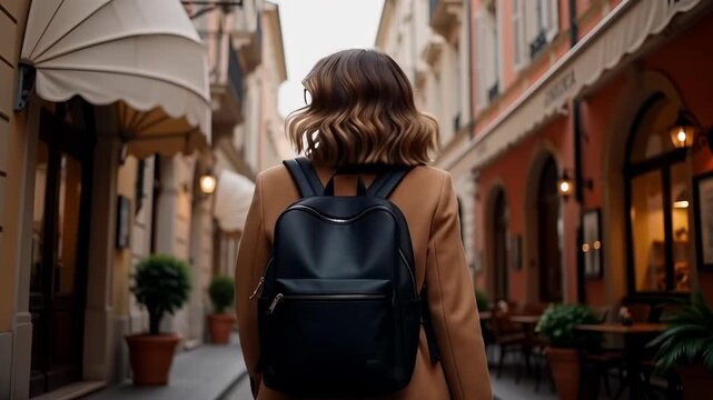 Rear view of a stylish woman walking along a European street with a backpack, exploring historic architecture for travel and lifestyle concepts.
