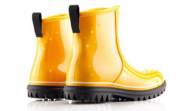 Pair of bright yellow rubber rain boots, short ankle style, glossy finish, black treaded sole with white stripe detail