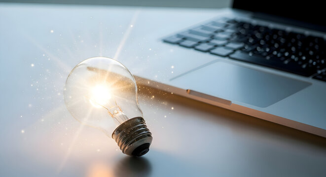 Glowing light bulb on desk with laptop in background symbolizing creativity and innovation in modern workspace