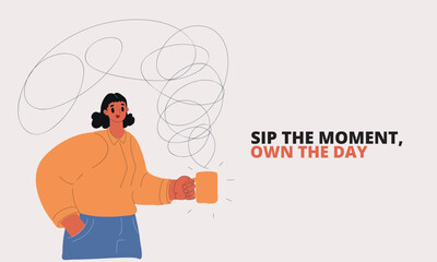 Villustration of woman holding mug with hot drink and steam rising, cozy, warmth and comfort concept