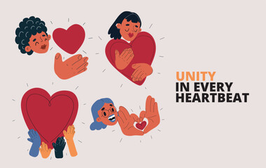 Vector illustration of people with hearts, hugging big heart, sending heart from hand and showing heart sign, love, care and connection concept