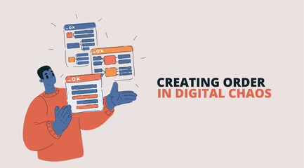 Vector illustration of man presenting interface, digital screen, technology and user experience concept