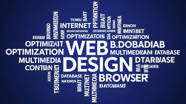 Blue kinetic typography animation displaying web design, internet, and optimization terms in a floating word cloud, ideal for digital technology backgrounds.