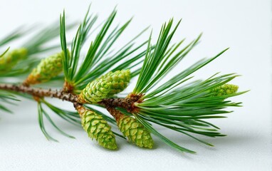 Green pine sprigs with developing cones on a white background