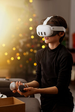 Teen exploring virtual reality during New Year festivities