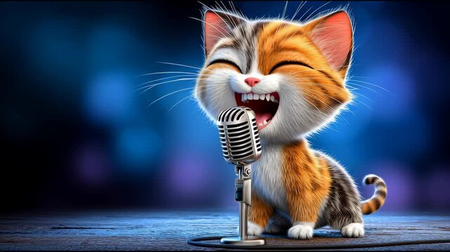 orange and white calico cat in front of microphone singing, copy space blue background