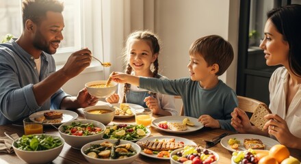 Diverse family shares wholesome, abundant meal around a sunlit wooden table