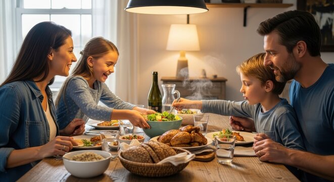 Family members enjoy a shared evening meal together around a wooden table