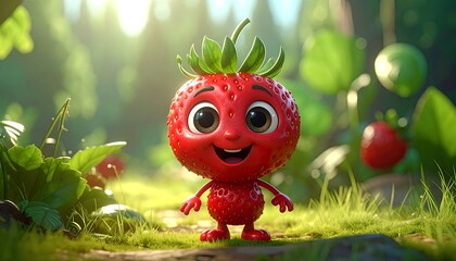 Adorable Strawberry Character in a Lush Green Garden.