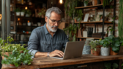 Mature man with beard and glasses working on a laptop in a plant-filled cafe