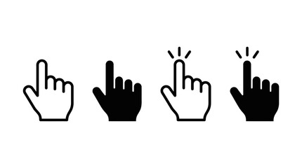 Obraz premium Vector hand gesture icons set showing pointing and clicking actions in outline and solid styles for UI, interaction, digital interfaces, apps, and web design.