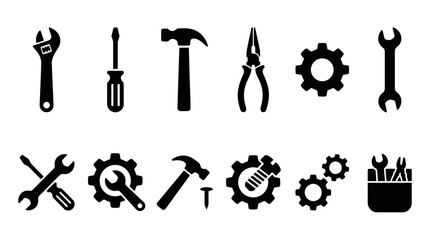 Obraz premium Vector hand tools and gear icons set for mechanical repair, maintenance, DIY projects, construction, engineering, and industrial design in black silhouette style.