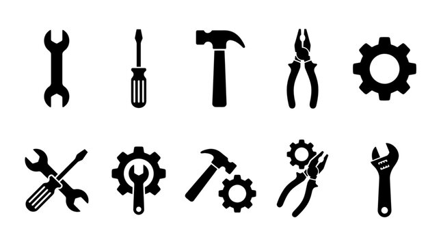 Vector hand tools and gear icons set for mechanical repair, maintenance, DIY projects, construction, engineering, and industrial design in black silhouette style.