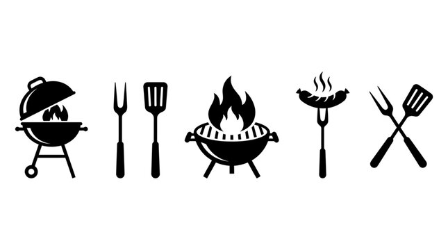 Vector barbecue and grilling icons set featuring spatula, meat fork, sausage, charcoal grill, flames, and cooking tools for summer food, outdoor kitchen, and BBQ design.