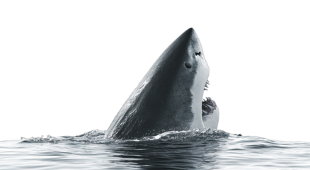 A menacing great white shark emerges from dark water, its jaws agape