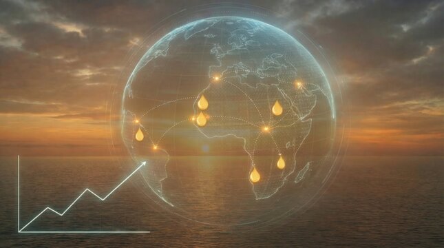 Emerging Oil Market Growth Concept with Holographic Globe and Energy Network at Sunset