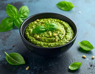 Fresh Basil Pesto in a Bowl with Pine Nuts.