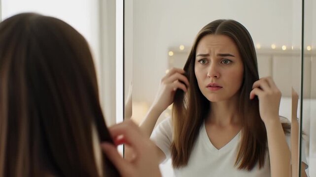 Worried young woman examining her scalp and long hair in a bright mirror reflection, illustrating hair loss and dandruff concepts