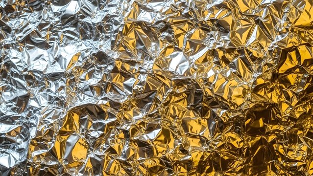 Macro of crinkled silver and gold Mylar thermal foil