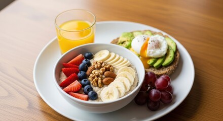 Complete healthy breakfast featuring oatmeal with fruits and nuts alongside avocado toast and fresh juice