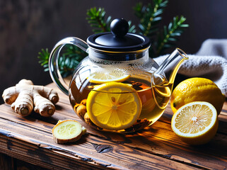 Hot ginger lemon tea with mint and honey on rustic wood, steaming healthy beverage with raw ginger root and honey jars for wellness and immunity.