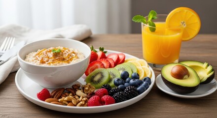 Wholesome morning meal featuring oatmeal, fresh fruit, nuts, and a glass of citrus beverage