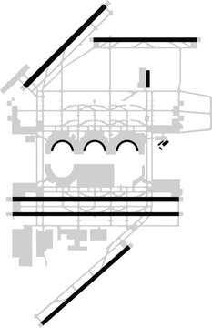 DFW, Dallas Fort Worth (Texas) Map Diagram Blank Simplified, Runways and Buildings