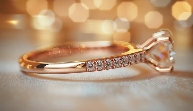 Rose gold engagement ring with round brilliant cut diamond solitaire, thin pave diamond band, elegant prong setting