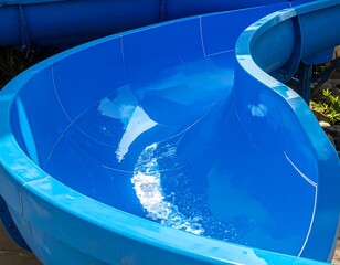 Close-up of a blue water slide with water flowing through it.