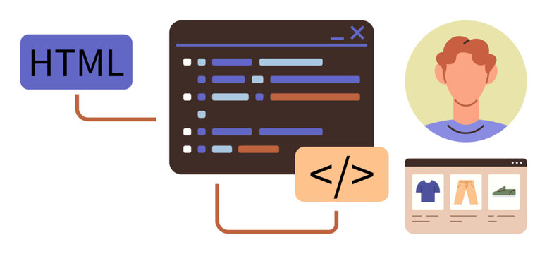 Software development, coding education, e-commerce, technology integration, user interface, programming. HTML tag, code editor and shopping interface with profile avatar. Software development