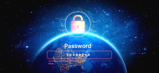 A concept of user authentication and password security. The interface shows a password strength...