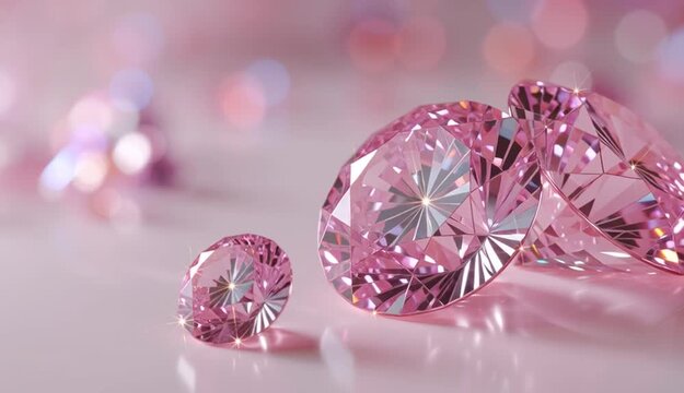 Pink diamonds and gemstones with brilliant cut facets, multiple rose pink and clear crystals, sparkling with light rays and starburst effects