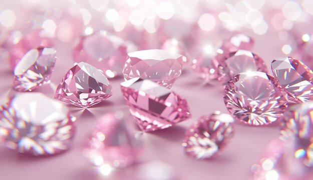Pink diamonds and gemstones with brilliant cut facets, multiple rose pink and clear crystals, sparkling with light rays and starburst effects