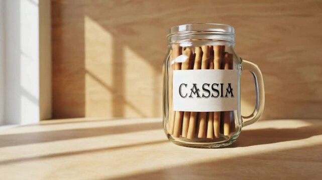 Jar with cassia cinnamon sticks.