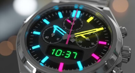 Close up view showcases a sophisticated timepiece featuring vibrant, neon illuminated markers and a digital time display