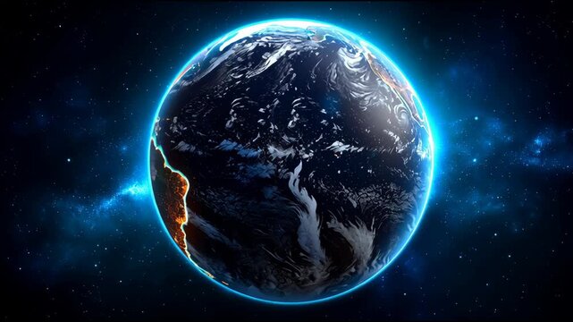 planet earth, globe rotating with horizon and lights