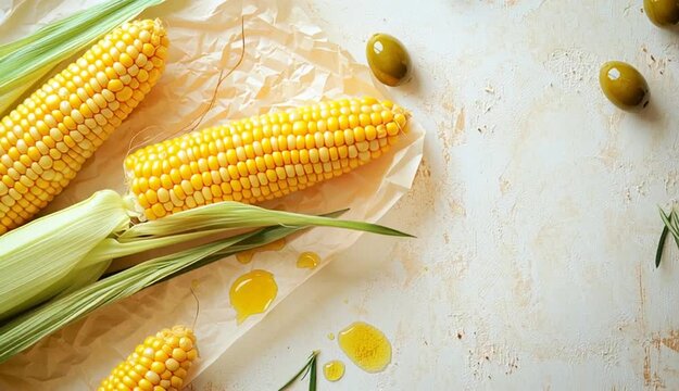 Overhead flat lay of fresh yellow corn on crumpled beige parchment paper, wrinkled cream-colored paper texture, olive oil stains on paper
