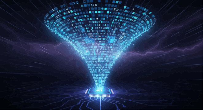 Futuristic blue data funnel with glowing lines and digital codes