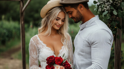 Romantic couple in hats and wedding attire embracing outdoors with a bouquet of roses