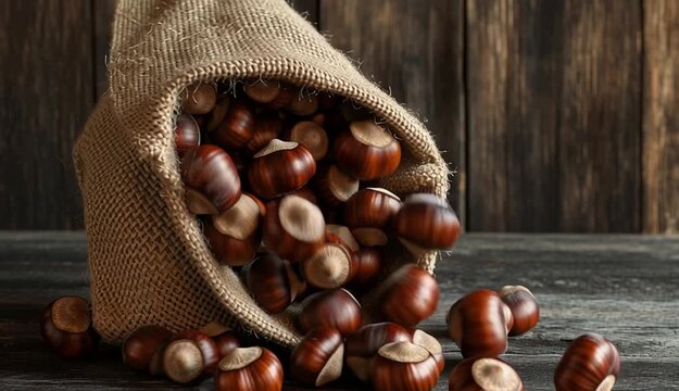 Fresh chestnuts spilling from burlap canvas sack, glossy dark brown chestnuts with beige circular marks, rough natural burlap fabric